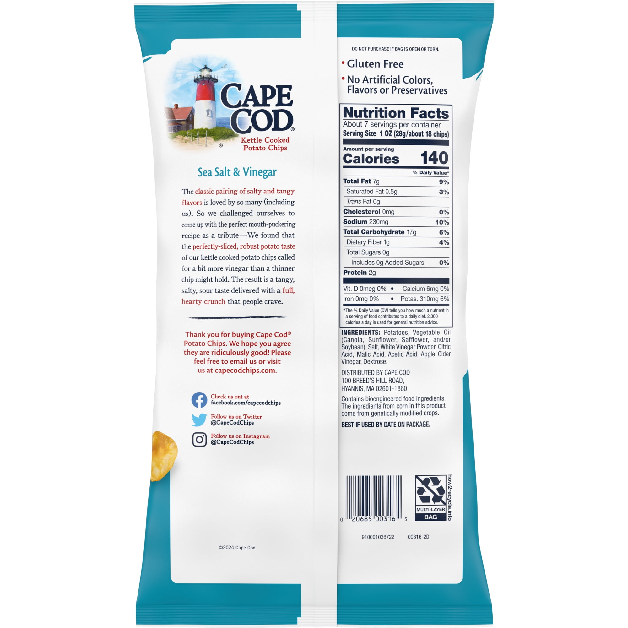 Cape Cod Sea Salt Vinegar Chips, 7.5 oz Bag