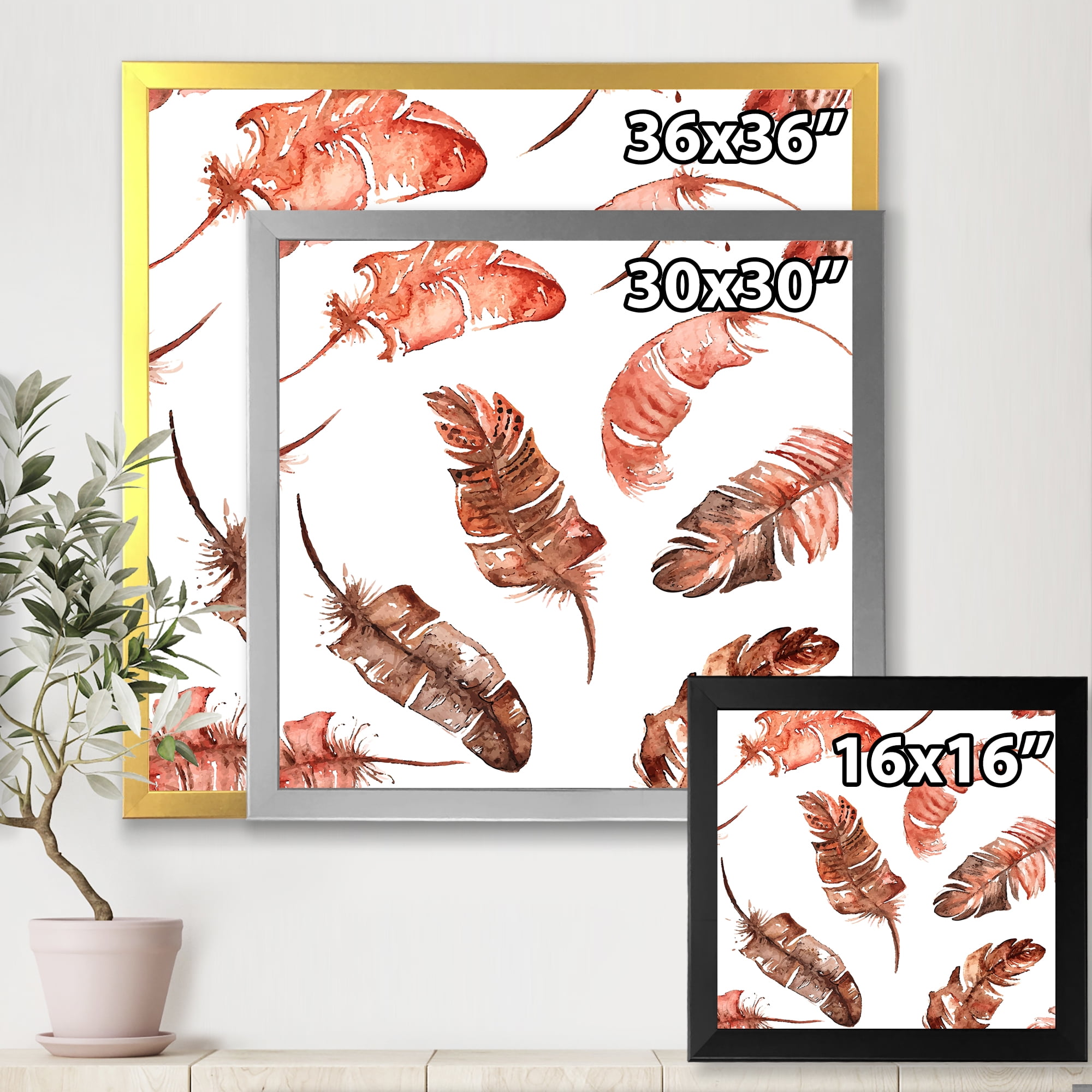Designart 'Ethinic Orange Feathers On White' Bohemian & Eclectic Framed Art Print