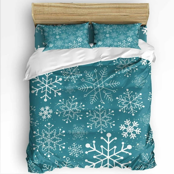 Christmas Twin Size Comforter Set, Winter Snowflakes Teal Green Background Soft Bedding for All Seasons, 4 Pcs Bed Set with 1 Comforter (68"x86") ,1Sheet(66"x116"), 2 Pillowcases (19"x29")