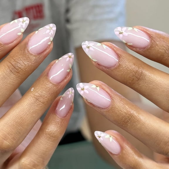 Gold French Tip Press on Nails 3D Irregular False Nails Medium Oval Acrylic Nails Glossy Full Cover Fake Nails Artificial Stick on Nails for Women Multicolor Cute Flower