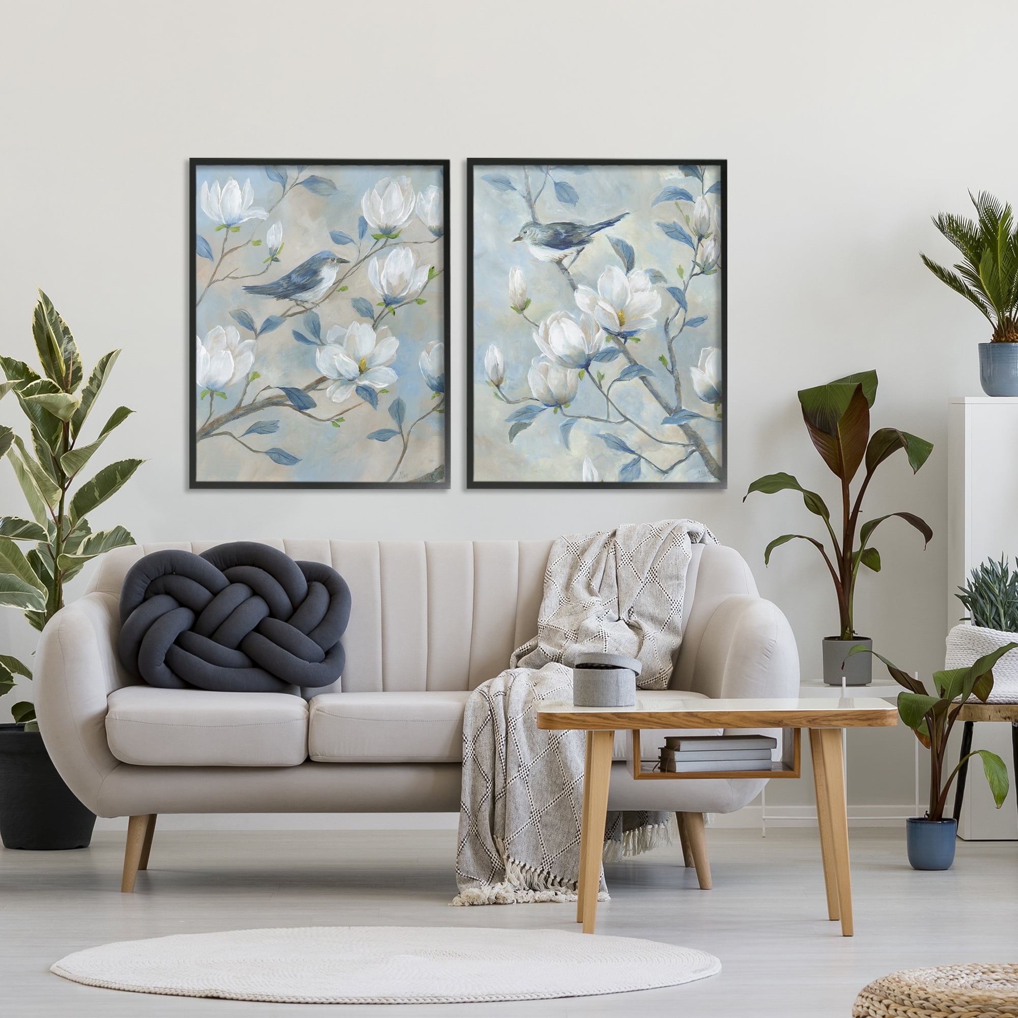 Stupell Industries Blue Birds in Magnolia Tree 2 Piece Black Framed Giclee Art Set, design by Nan