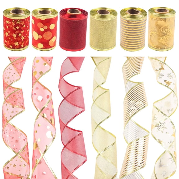 Red and Gold Wired Christmas Ribbon 2.5 Inch, 6 Rolls 36 Yards, Ribbon Set for Tree Decorations, Wreath Bows, Topper Bow Making