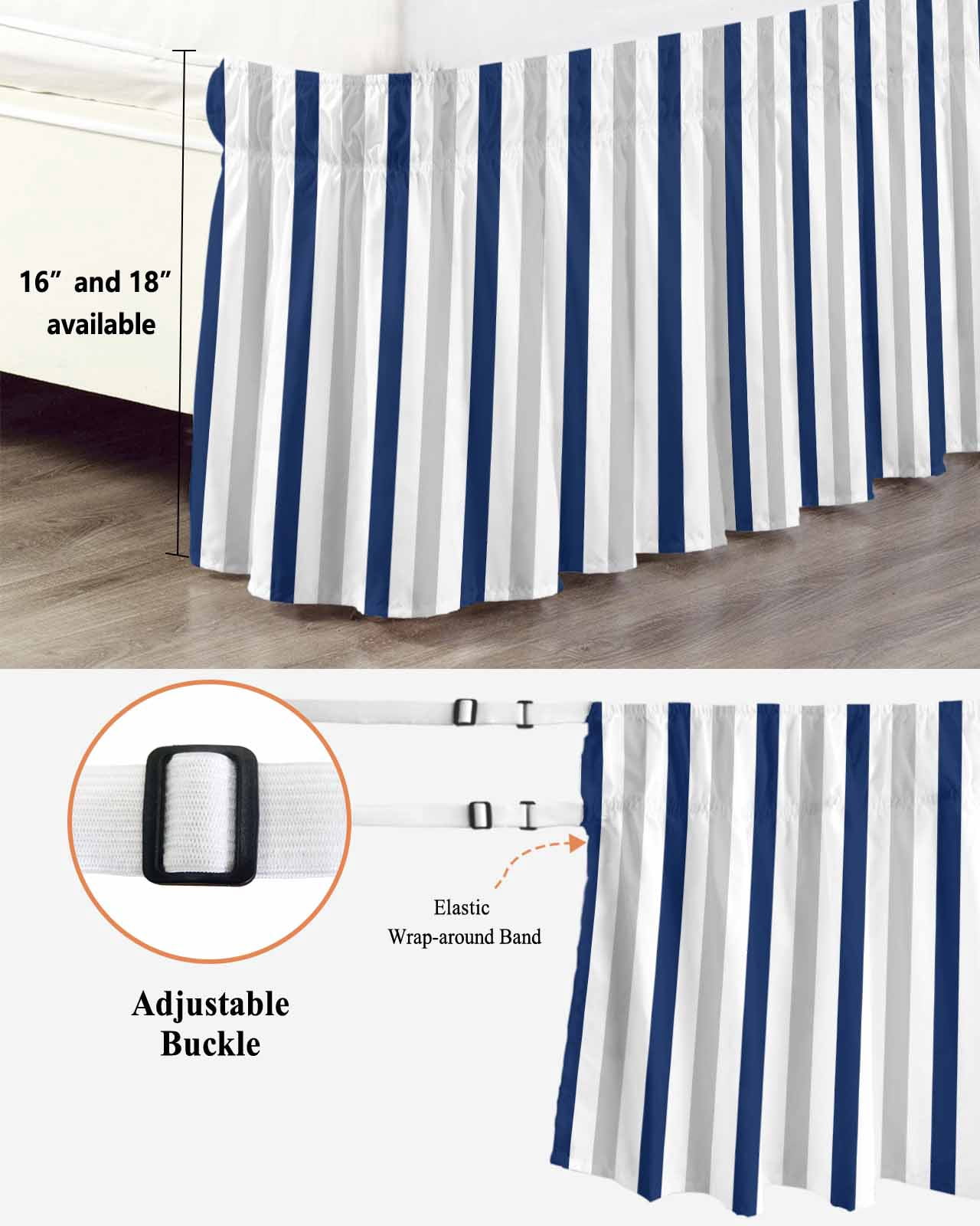 Navy Blue White Stripes Ruffle Bed Skirt King Size Minimalist Abstract Vertical Striped Adjustable Elastic Dust Bed Skirts Wrap Around Bedskirt Wrinkle Free Easy Fit with 18 Inch Drop