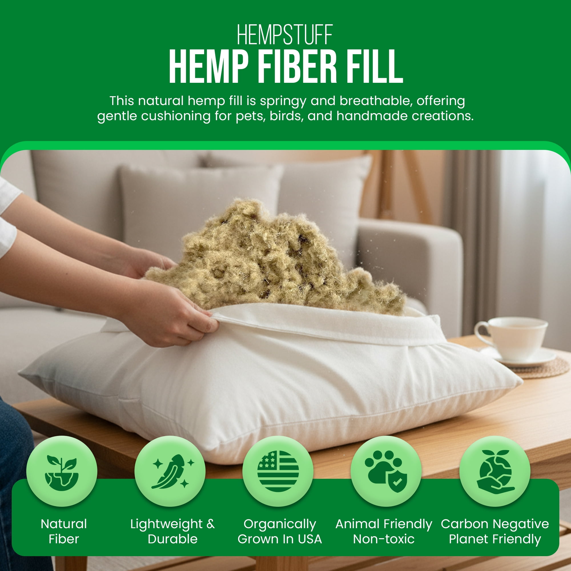 HempStuff Hemp Fiber Fill - 5 lbs, Clean Natural Fibre Filling Cushion Pet Bed Stuffing or Nesting Fiber, Midwest Grown and processed Organic. Bean Products, Made in USA, 5 pounds