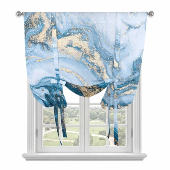 Blue Gold Marble Tie Up Curtains for Windows, Adjustable Balloon Window Shades, Vintage Abstract Geometric Gradient Kitchen Window Treatments Adjustable Roll Up Curtain for Basement/Nursery 52"x45"