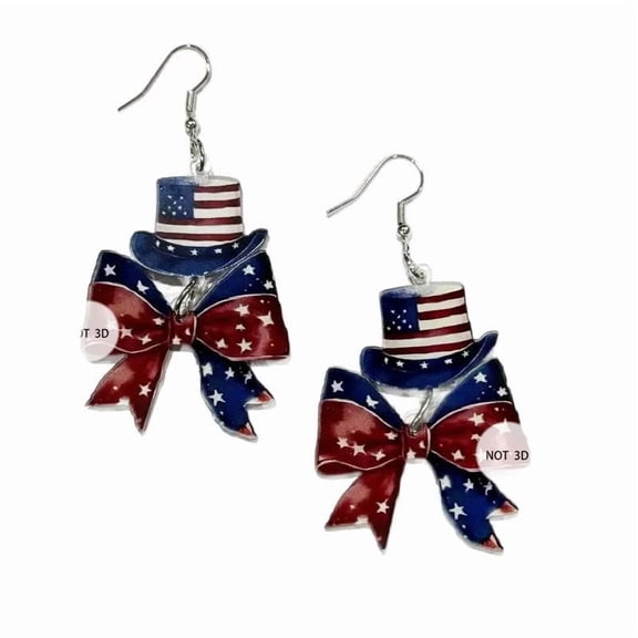 Patriotic Earrings Top Hat Bow Acrylic Dangle Earrings 2D Red White Blue Stars and Stripes Drop Earrings Lightweight 4th of July Jewelry for Independence Day USA 250th Anniversary Parties Daily Wear