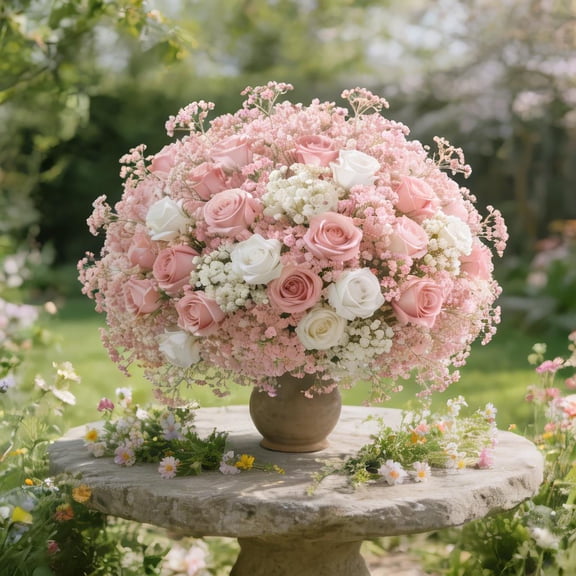 Nkmbld Artificial Flowers, 6PC Spring Artificial Flower Decor Gypsophila and Roses Bouquet for Wedding Bridal Shower Centerpieces Party Decor