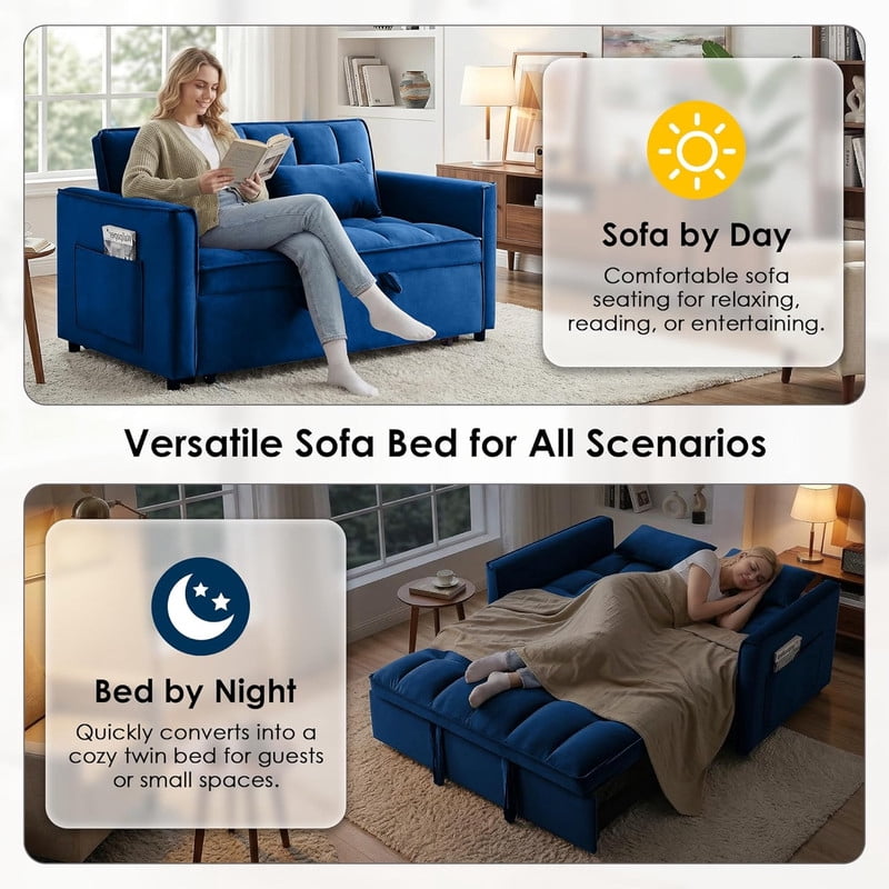 3 in 1 Convertible Sleeper Sofa Bed, 55" Modern Loveseat Pull Out Couch with Adjustable Reclining Backrest & Side Pockets, Velvet Loveseat for Living Room