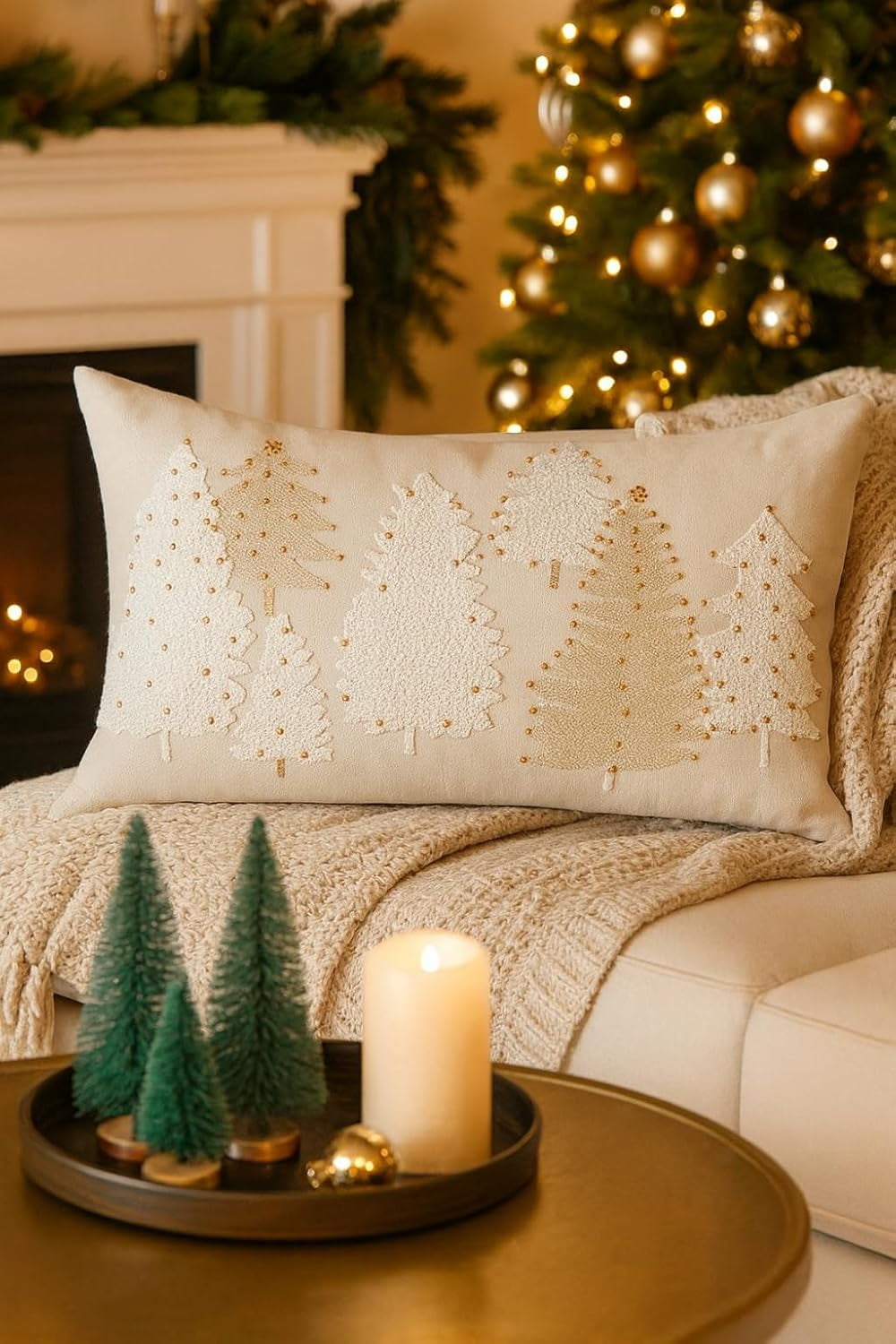 Fennco Styles White Embroidery Christmas Tree Decorative Throw Pillow 12" x 20" – Festive Holiday Cushion with Beaded Accents for Winter Festivals, Sofa, Couch, Bed & Living Room Décor