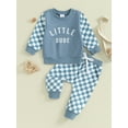 thumbnail image 3 of Elippeo Toddler Boys Fall Outfits 6M 12M 18M 24M 3Y Letter Print Crew Neck Checkerboard Long Sleeve Sweatshirts and Long Pants 2Pcs Clothes Set, 3 of 9