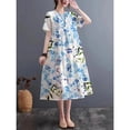 thumbnail image 3 of JUNWELL Voyage de Vacances Populaire Nouveau Tissu de Lin Imitation Nouveau Chinois à Col Rond à Manches Courtes Jupe Longue Casual Robe Imprimée à Col Rond, 3 of 7