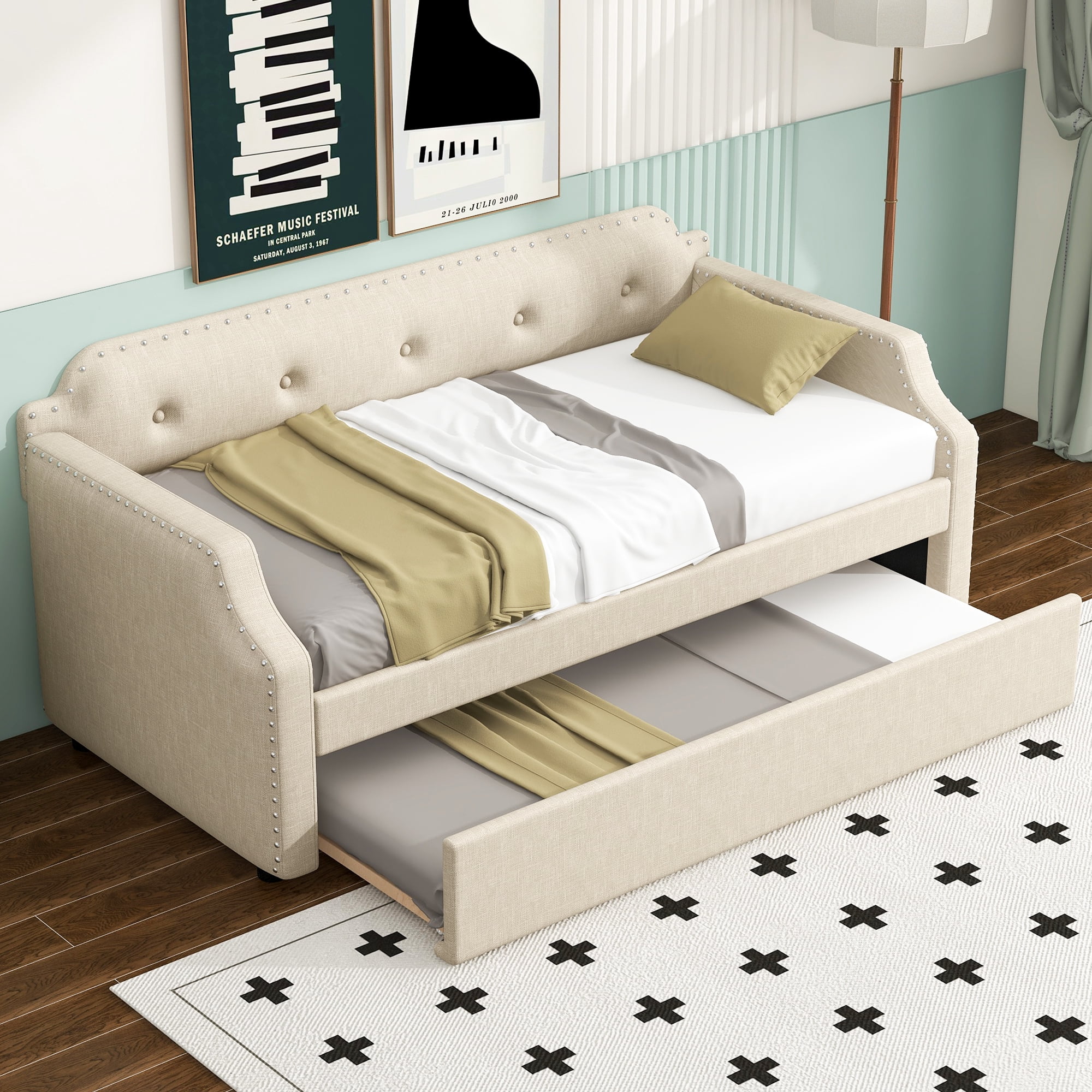 Euroco Upholstered Twin Size Daybed with Trundle, Beige
