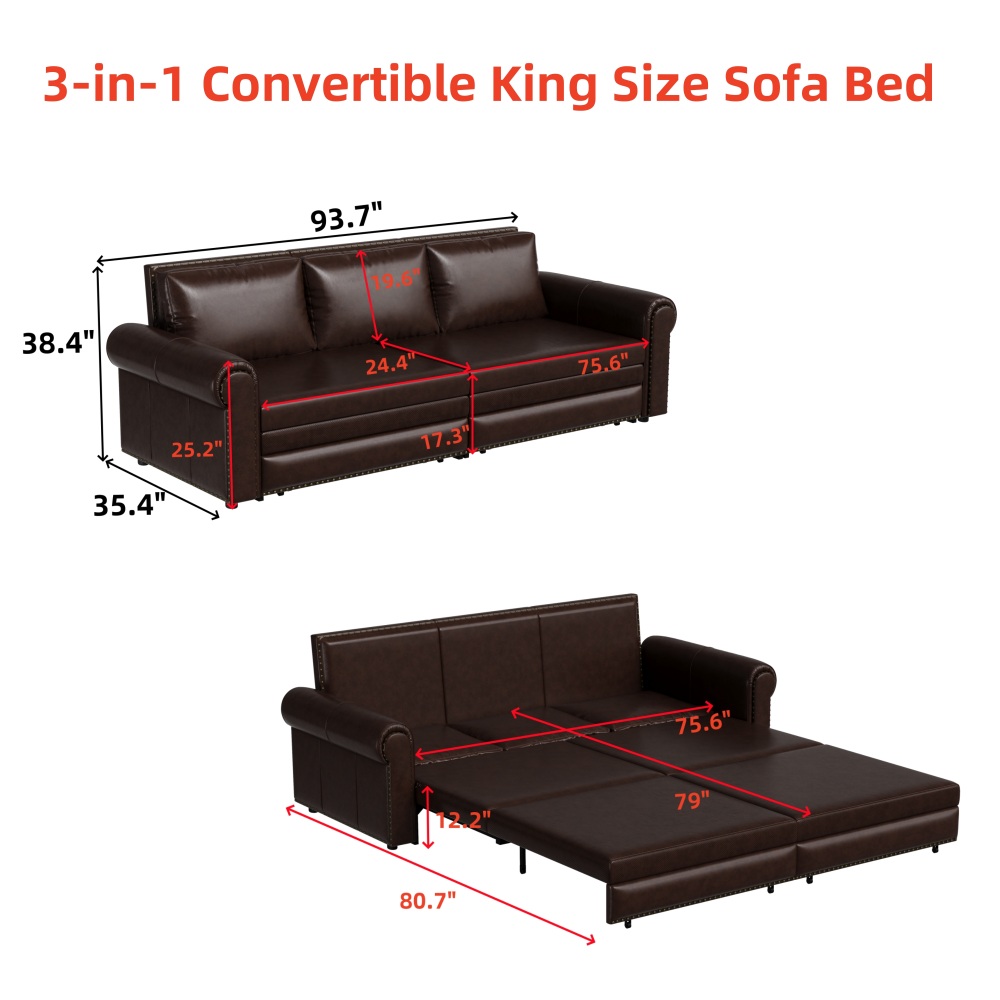 Chesterfield Sofa,93.7" King Pull Out Sofa Bed,3-in-1 Faux Leather Convertible Sleeper Sofa with Nailhead Trim & Rolled Arm,Multi-Functional Sofa Bed for Living Room, Dark Brown