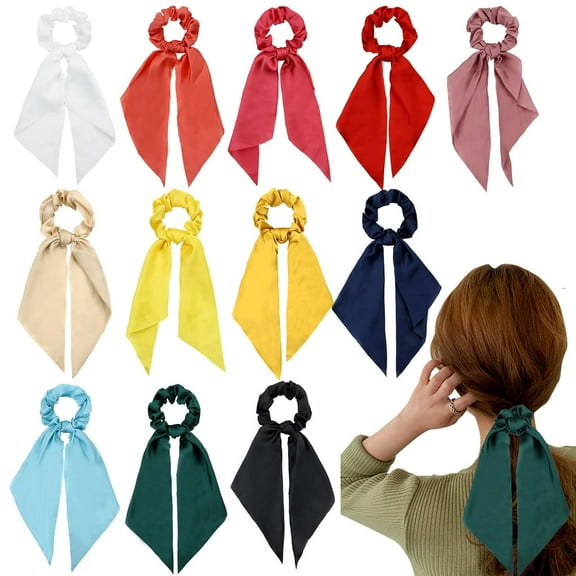 12 Pack Colorful Solid Satin Long Ribbon Hair Bows for Girls Scrunchies Hair Ties for Thick Hair Ponytail Holders Headbands Elastics Rubber Hairbands Bubbles Rings 90s Hair Accessories for Women