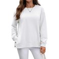 thumbnail image 2 of WTOBBY Women's Button Hem Slit Hoodie, Solid Color Casual Pullover, Long Sleeve Round Neck Top with Side Vent Design and Modern Street Style,White L, 2 of 8