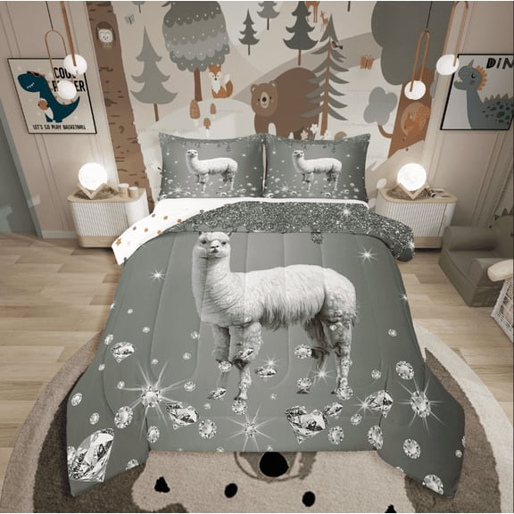 Erosebridal Kawaii Alpaca Bedding Twin Comforter Set,Bling Crystal Down Comforter,Glitter Bedroom Decor,Reversible,2-Piece