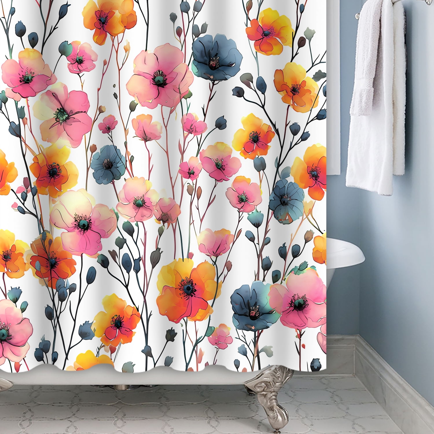 MIZHONA Pink Floral Shower Curtain Spring Watercolor Wildflowers Waterproof Bathroom Decorative 72"X72"