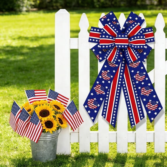 PLPPYFS Patriotic Bows for Wreaths Decorations,Red White Blue Stripe String Stars Tree Topper Bow for 4th of July,Independence Day,Memorial Day,Veteran's Day,USA,American Indoor Outdoor Decor