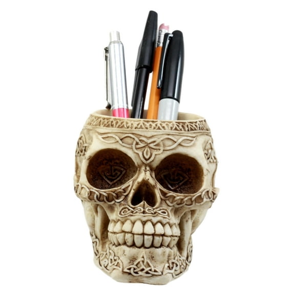 Ebros Gift Day Of The Dead Celtic Tribal Tattoo Skull Pen Holder Figurine 4.5"L Office Desktop Ossuary Skull Head Stationery Holder