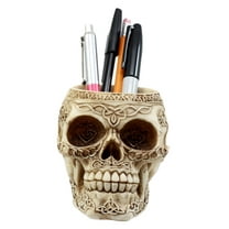 Ebros Gift Day Of The Dead Celtic Tribal Tattoo Skull Pen Holder Figurine 4.5"L Office Desktop Ossuary Skull Head Stationery Holder