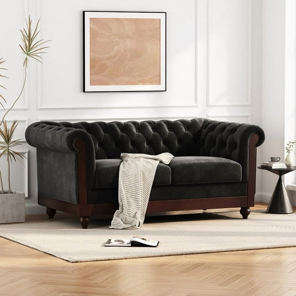 FFH 59" Couch for Living Room, Chesterfield Velvet Loveseat Sofa with Rolled Arm and Tufted Back, Black