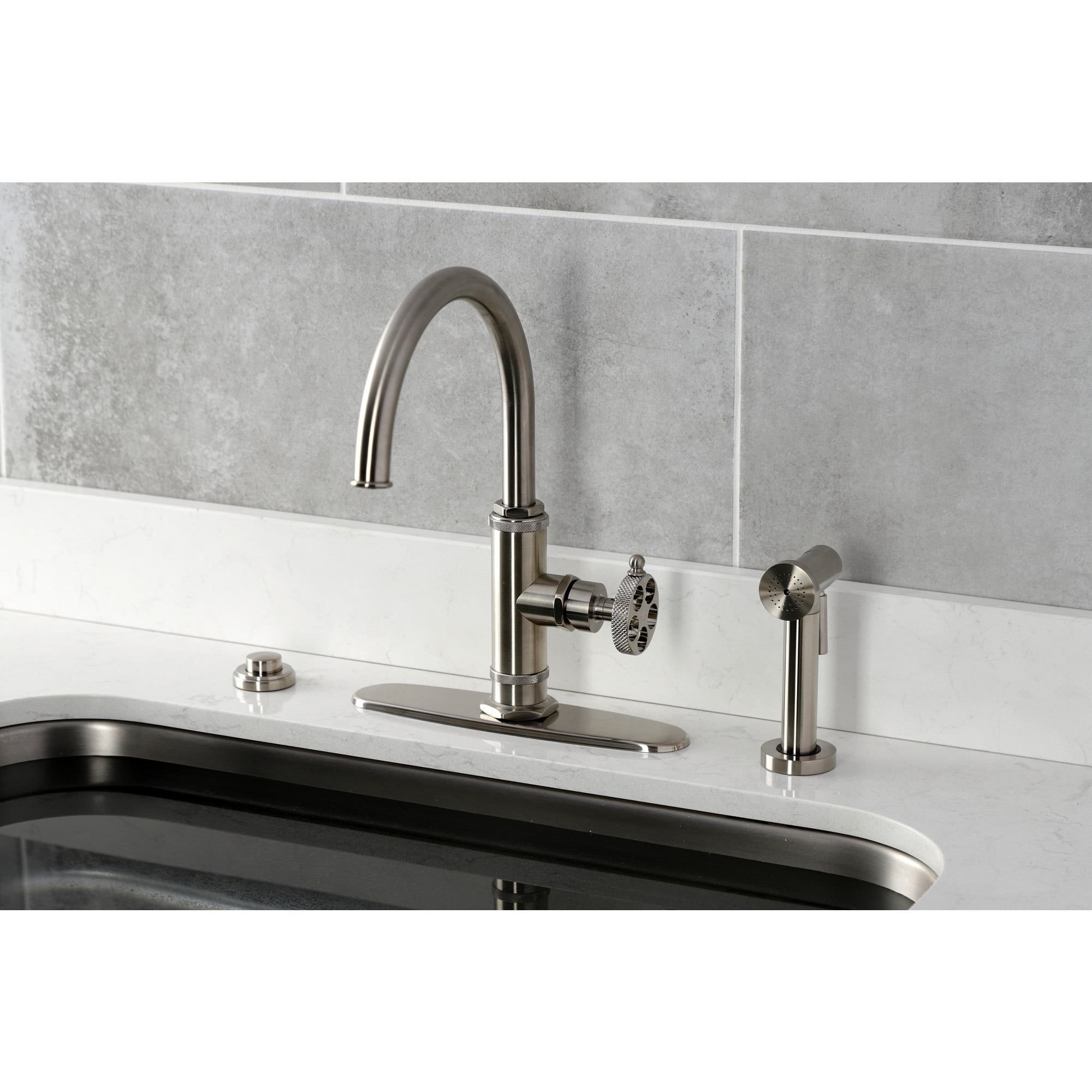 Kingston Brass KS2438RKX Webb Single-Handle Kitchen Faucet with Knurled Handle and Brass Side Sprayer, Brushed Nickel