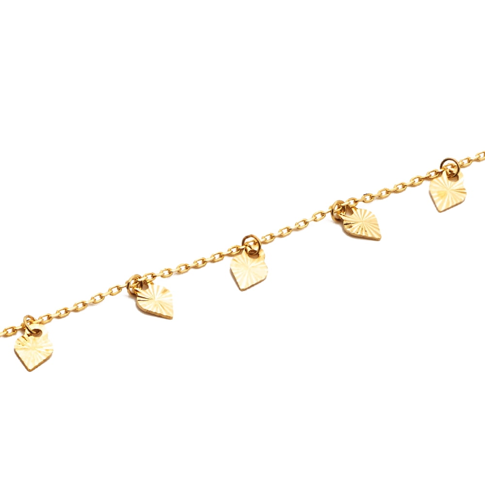 LOVEBLING 10K Yellow Gold .50mm Diamond Cut Rolo Chain with 15 Diamond Cut Heart pendants Anklet Adjustable 9" to 10" (#20)