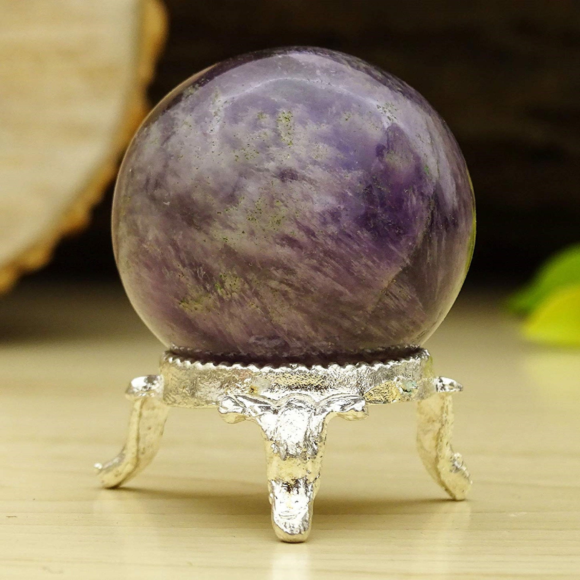 Reikiera Crystal Healing Amethyst Stone Ball Natural Gemstone Sphere with Ring Stand Reiki Table Decor- Choose Size