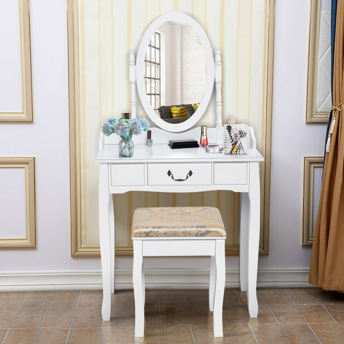white makeup vanity with mirror and lights