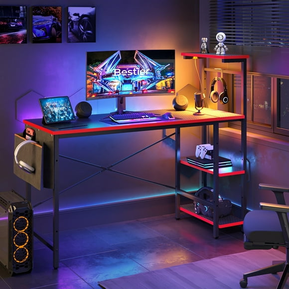 Bestier 52 inch Gaming Computer Desk with LED Lights & Shelves Reversible Corner Desk for Adults