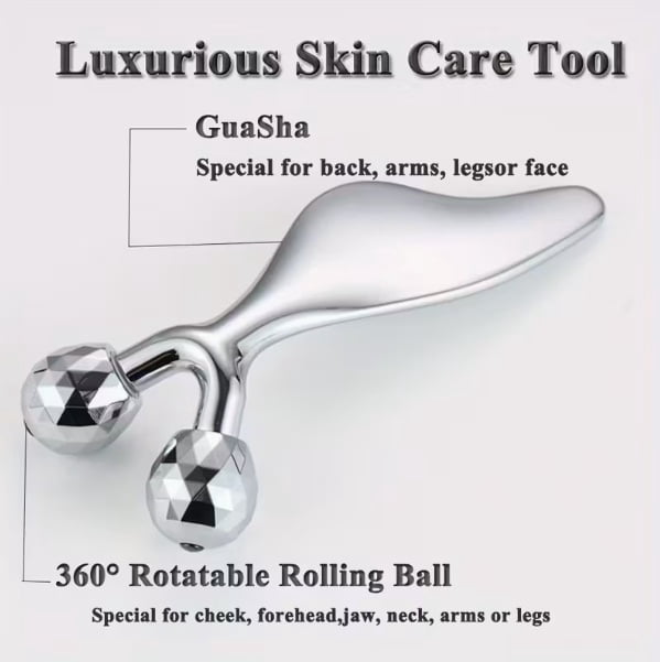 Dual-Purpose Gua Sha Massage Tool & 3D Facial Roller for V-Shaped Face - Metal Scraper for Skin Lifting and Facial Massage