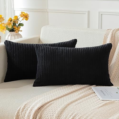 OTOSTAR Boho Decorative Throw Pillow Covers 16 x 24 Inch Soft Corduroy Solid Striped Pillow Covers Lumbar Cushion Case Couch Pillowcases for Sofa Bed Home Decor Pack of 2 Black Walmart