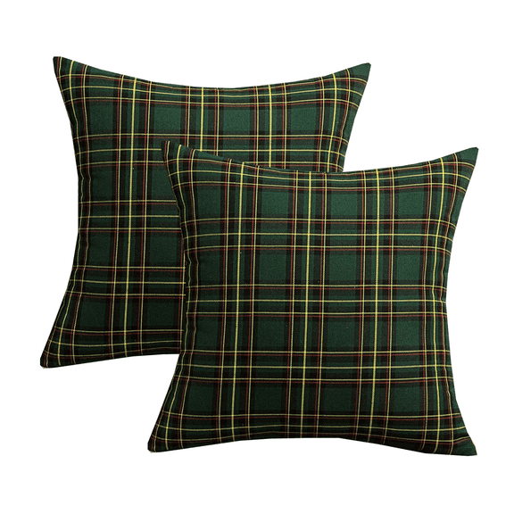 Pack of 2 Christmas Plaid Decorative Throw Pillow Covers Scottish Tartan Cushion Case for Farmhouse Home Holiday Decor Green, 18x18 Inches