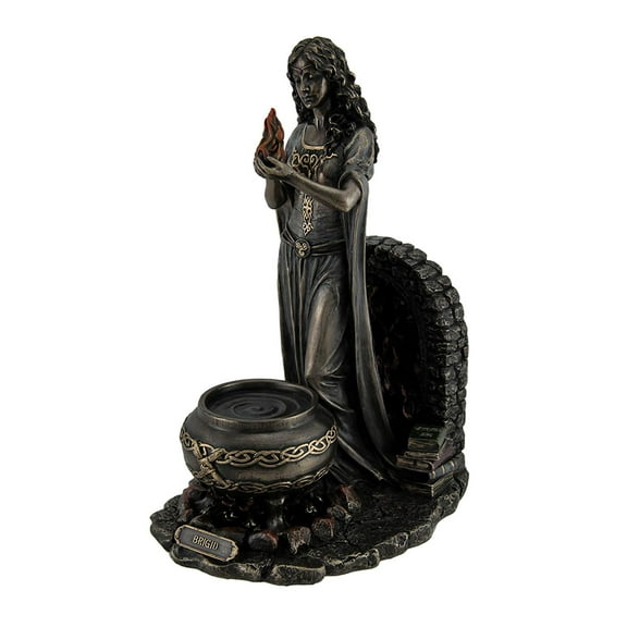 Resin Statues Brigid Goddess of Hearth & Home Standing Holding Sacred Flame Statue 7 X 9.5 X 5.5 Inches Bronze