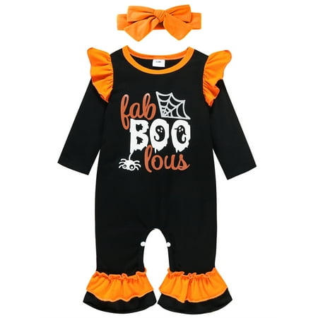 

Opperiaya Infant Baby Girls Halloween Outfits Bell Bottom Romper Jumpsuit Bat Print Bow Clothes