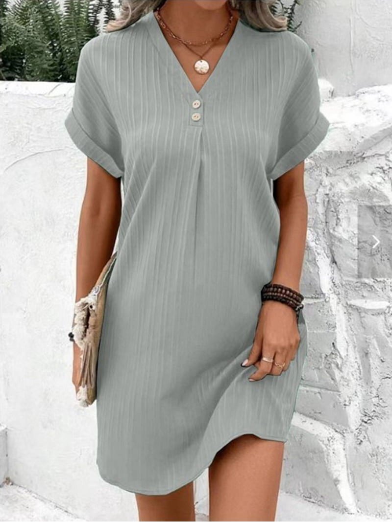 Women Button Down Shirt Dresses Summer Cotton Linen Dress V-Neck Mini Dress Casual Short Sleeve Loose Tunic Dresses Light Gray XL