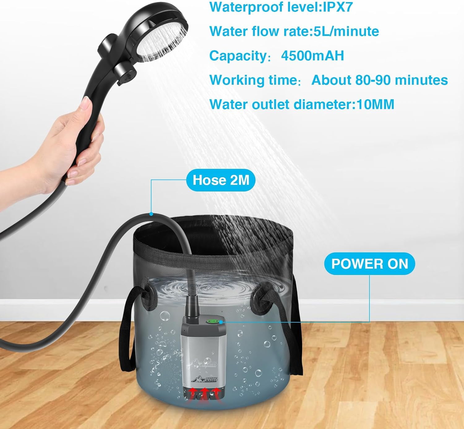 WADEO Portable Shower for Camping, Outdoor Electric Shower Rechargeable Pump with Intelligent Digital Display, 20L Collapsible Bucket, Two Shower Heads for Camping, Hiking, Traveling, Washing
