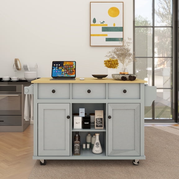 Kitchen Cart with Rubber wood Drop-Leaf Countertop ,Cabinet door internal storage racks,Kitchen Island on 5 Wheels with Storage Cabinet and 3 Drawers for Dinning Room, Grey Blue
