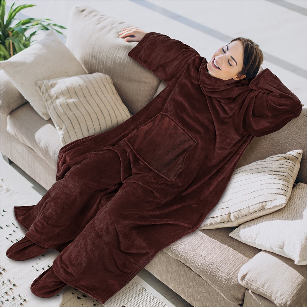 PAVILIA Fleece Blanket with Sleeves, Foot Pockets for Women Men Adults, Plush Wearable Blanket Throw Wrap, Warm Snuggle Blanket Robe, Cozy Gift Ideas Wife Mom, Brown