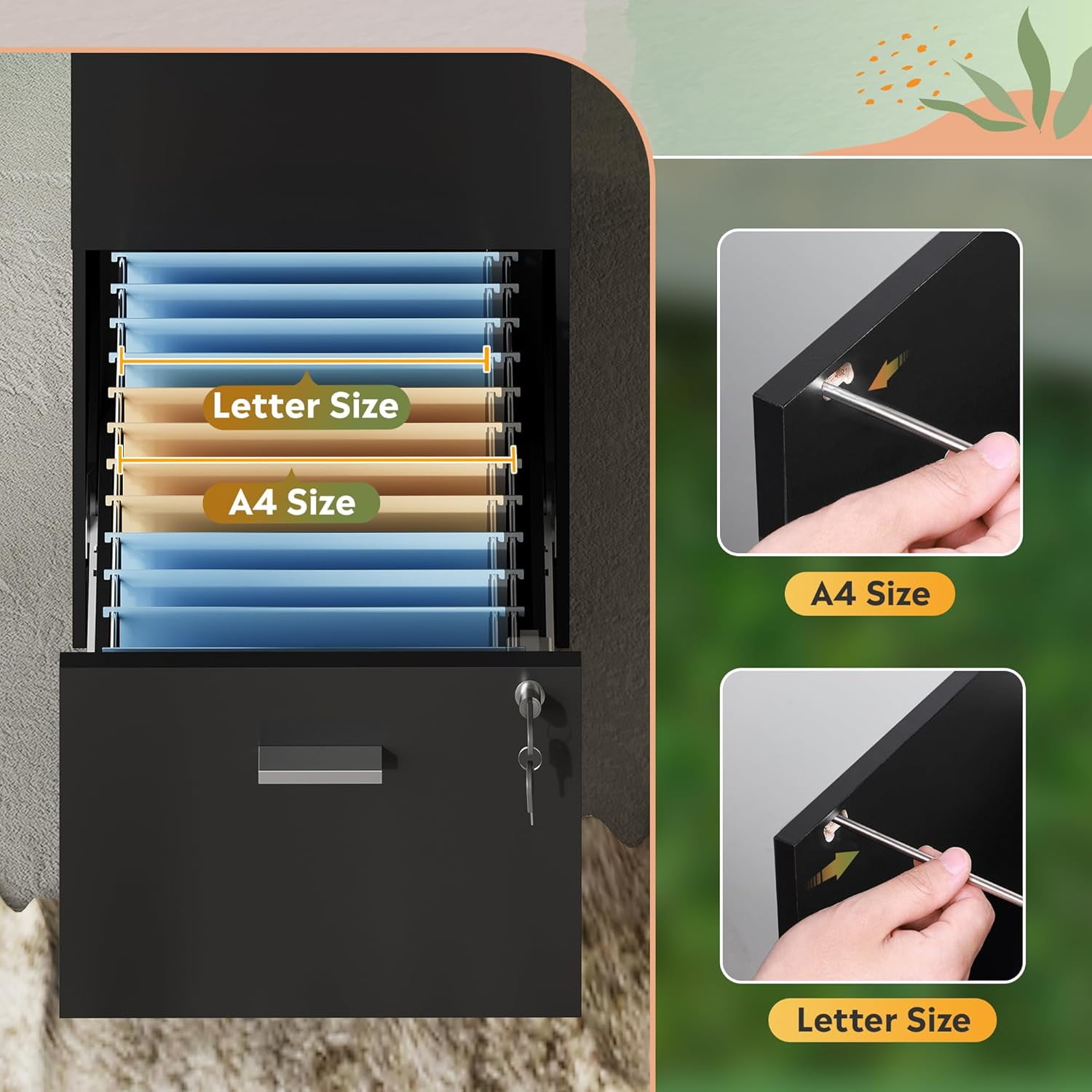 3 Drawer File Cabinet with Lock, Vertical Wood Filing Cabinet for Home Office, Printer Stand for Letter and A4 Size, Black