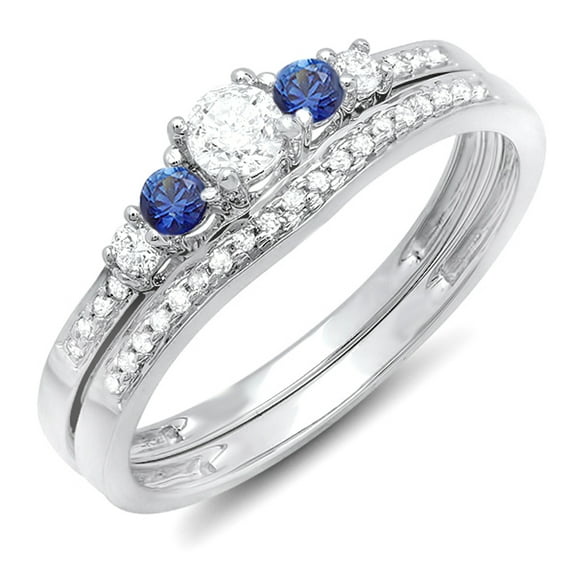 Dazzlingrock Collection 14K Blue Sapphire & White Diamond 5 Stone Bridal Engagement Ring Set, White Gold, Size 6.5