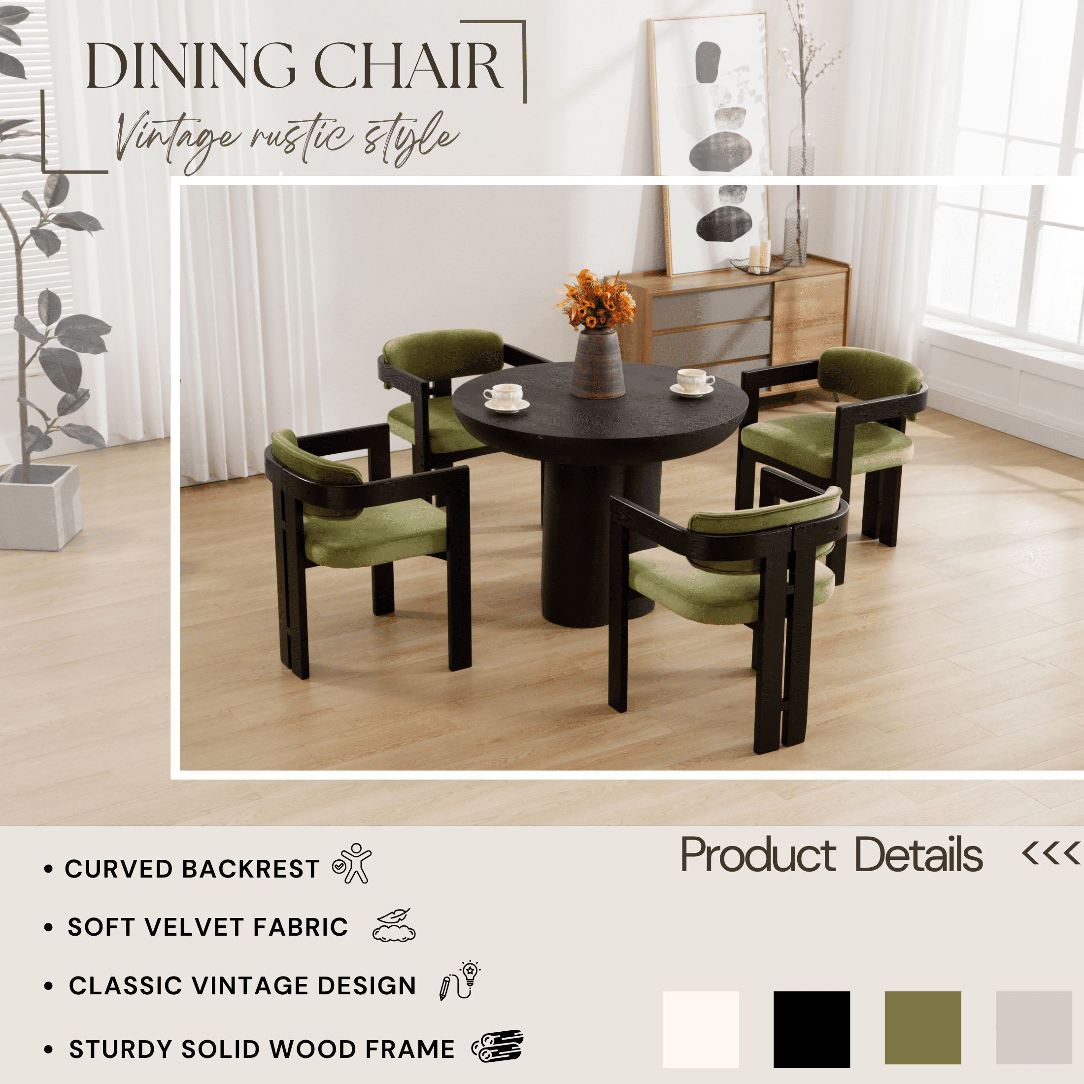 Guyou Velvet Dining Chairs - Set of 6, 24" Wide Barrel Back Armchairs for Dining Room & Kitchen, Modern Curved Back Chairs with Black Wood Frame, Olive Green