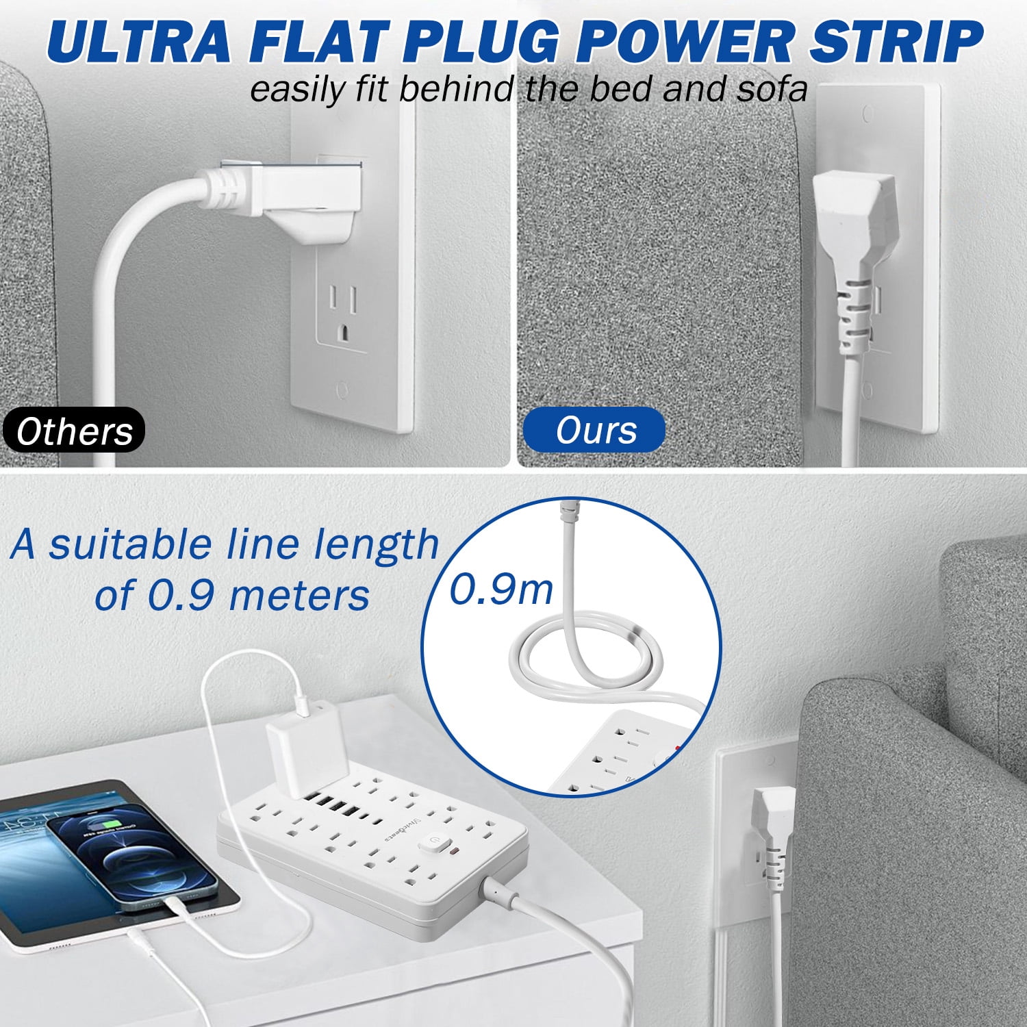 Vivicreate 15-in-1 Power Strip with 10 AC Outlets, 4 USB-A & 2 USB-C Ports, Ultra Flat Plug Surge Protector, 0.9m Extension Cord, Wall Mount Charging Station for Home, Office & Travel
