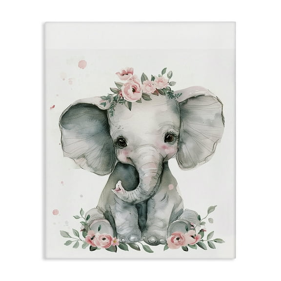 Stupell Industries Nursery Floral Elephant Animals Painting Wrapped Canvas Art Print Wall Art, 16 x 20