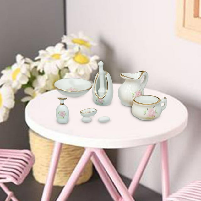Muebles de casa de muñecas accesorios cepillo de baño cerámica patrones florales rosas decoración en miniatura perfecl
