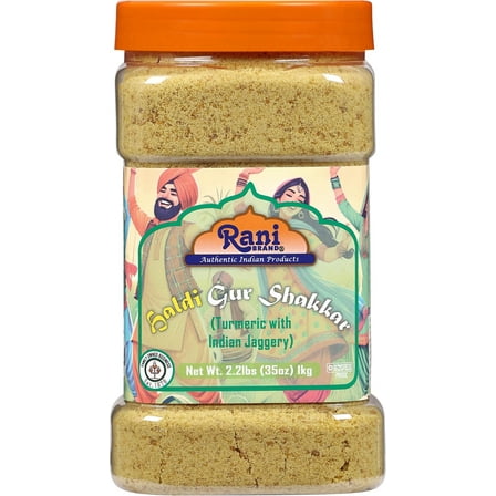 Rani Haldi Gur Shakkar (Turmeric with Indian Jaggery) Indian Unrefined Raw Cane Sugar 35oz (2.2lbs) 1kg PET Jar ~ Gluten Friendly | Vegan | NON-GMO | Kosher | No Salt or fillers | Indian Product