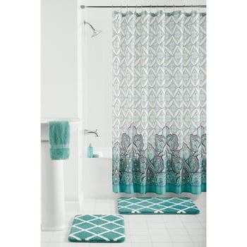 Mainstays Pandora 15-Piece Da Polyester Shower Curtain Set, Aqua