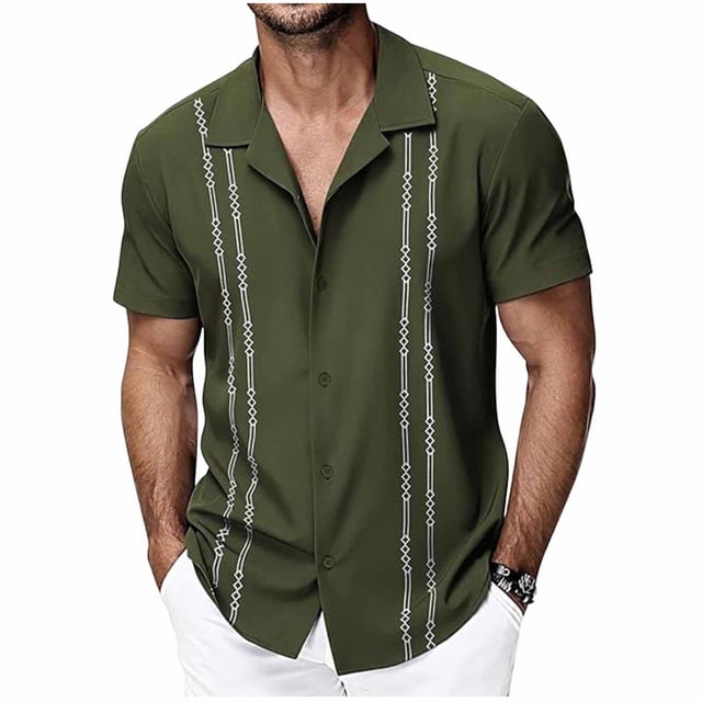 Mens Casual Botón Arriba Camisas Manga Corta Vintage Boliche Cuba Camisa de Playa de Cuatro Vías Estiramiento