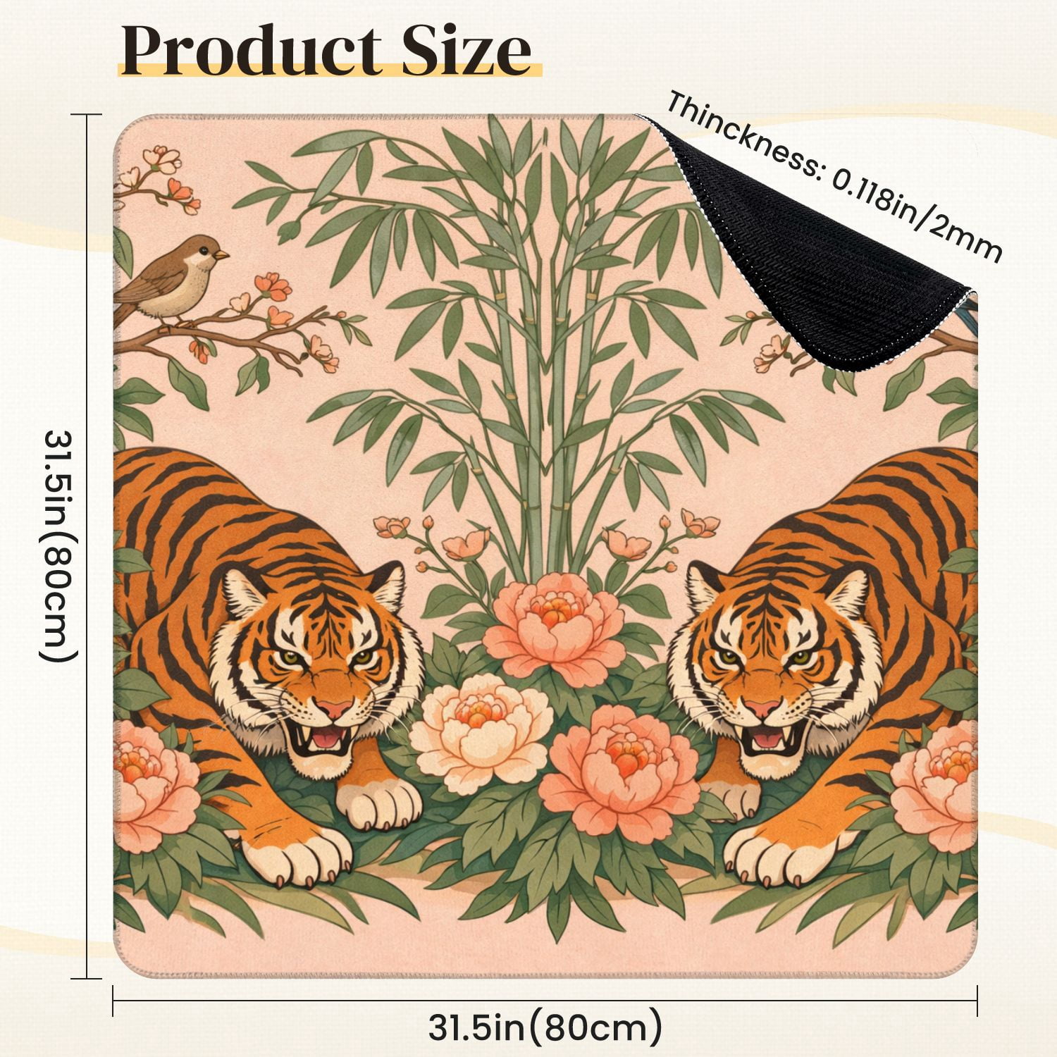 Mahjong Mat 31.5" x 31.5" Dynamic Tigers Vibrant Peonies Floral Bamboo Non-Slip Noise Reduction Mahjong Tiles Table Cover for Dominoes Poker Card Board and Tile Games