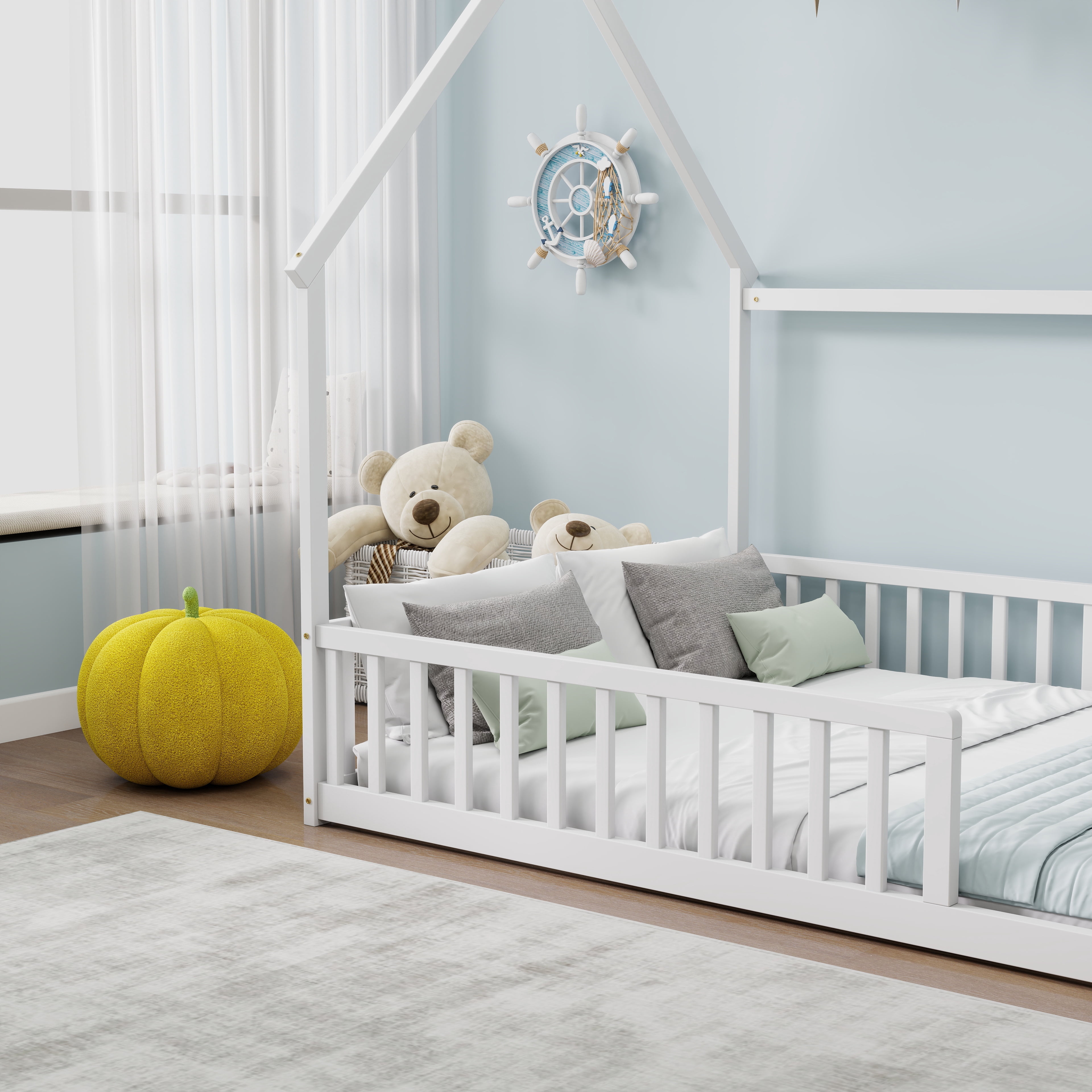 Full Size House Floor Bed with Full Surround Safety Fence, Solid Pine Wood Montessori Kids Playhouse Bed Frame Max 300 LBS No Box Spring Needed for Toddler Bedroom Nursery